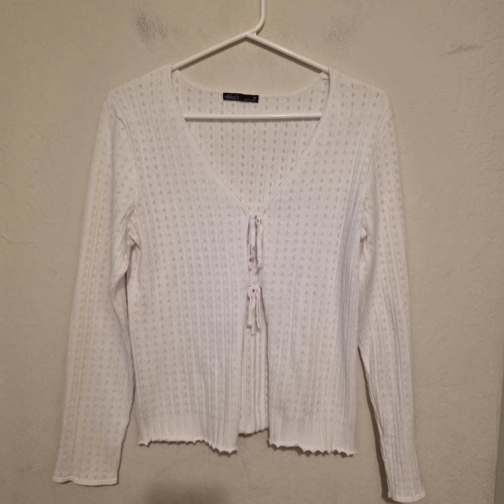 Nikkak White Knit Eyelet Open Sweater  With Ties Size XL